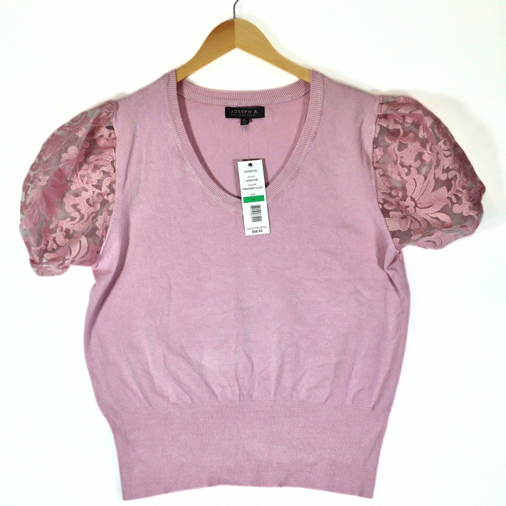 Joseph A. Sweater Women Large Fragrant Lilac Lace Puff Sleeve V-Neck Casual